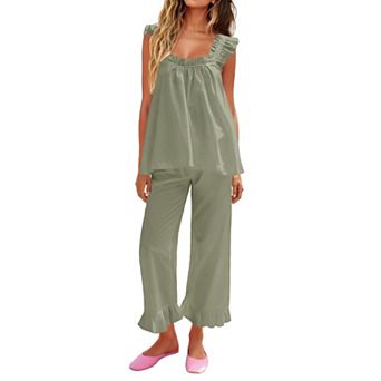 Womens 2 pc Ruffle Lounge Set Soft Tank Top Long Pants With Pockets