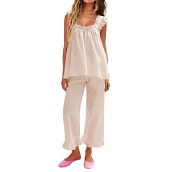 Womens 2 pc Ruffle Lounge Set Soft Tank Top Long Pants With Pockets