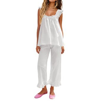 Womens 2 pc Ruffle Lounge Set Soft Tank Top Long Pants With Pockets