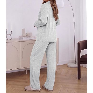 Womens 2 Pcs Ultra Soft Long Sleeve Wide Leg Lounge Pajamas Set
