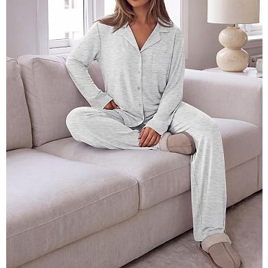 Womens 2 Pcs Ultra Soft Long Sleeve Wide Leg Lounge Pajamas Set