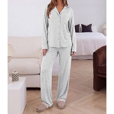 Womens 2 Pcs Ultra Soft Long Sleeve Wide Leg Lounge Pajamas Set