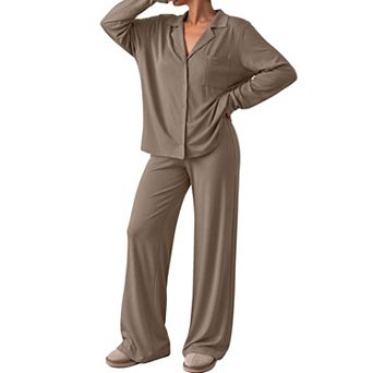 Womens 2 pc Ultra Soft Long Sleeve Wide Leg Lounge Pajamas Set