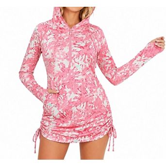Womens UPF 50+ Sun Protection Long Sleeve Hooded Beach Cover Up Dress