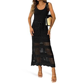 Womens Crochet Beach Cover Up Dress Sleeveless Scoop Neck Drawstring Summer Vacation Wear