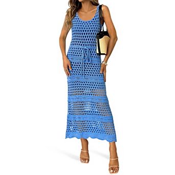 Womens Crochet Beach Cover Up Dress Sleeveless Scoop Neck Drawstring Summer Vacation Wear