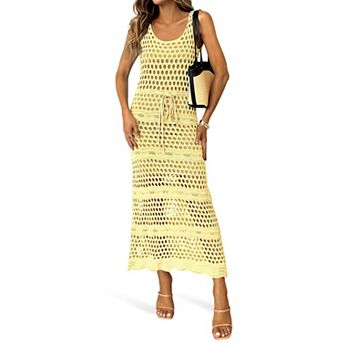 Womens Crochet Beach Cover Up Dress Sleeveless Scoop Neck Drawstring Summer Vacation Wear