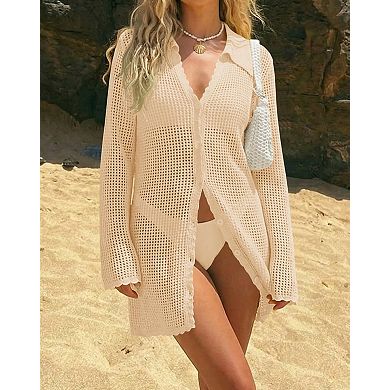 Womens Crochet Beach Cover Up Long Sleeve Button Down Mini Dress