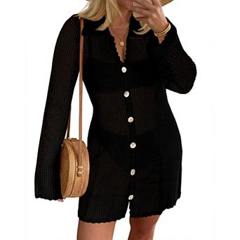 Womens Crochet Beach Cover Up Long Sleeve Button Down Mini Dress