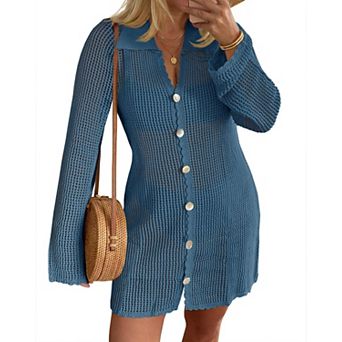 Womens Crochet Beach Cover Up Long Sleeve Button Down Mini Dress