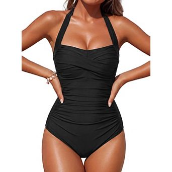 Womens Tummy Control Halter Retro Ruched Push Up Swimwear Bathing Suit