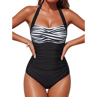 Womens Tummy Control Halter Retro Ruched Push Up Swimwear Bathing Suit