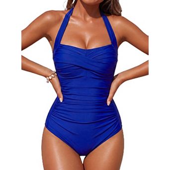Womens Tummy Control Halter Retro Ruched Push Up Swimwear Bathing Suit
