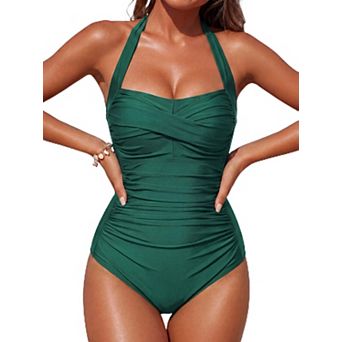 Womens Tummy Control Halter Retro Ruched Push Up Swimwear Bathing Suit