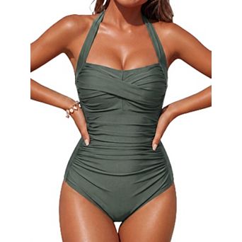 Womens Tummy Control Halter Retro Ruched Push Up Swimwear Bathing Suit
