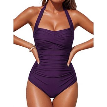 Womens Tummy Control Halter Retro Ruched Push Up Swimwear Bathing Suit