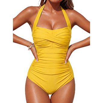 Womens Tummy Control Halter Retro Ruched Push Up Swimwear Bathing Suit