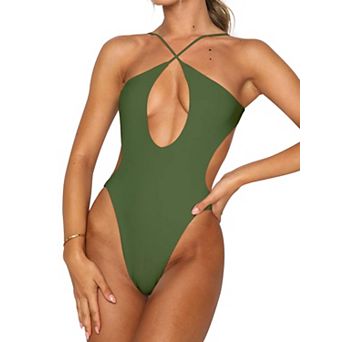 Womens Criss Cross Halter Neck Backless Cut Out Tummy Control Thong Swimsuit