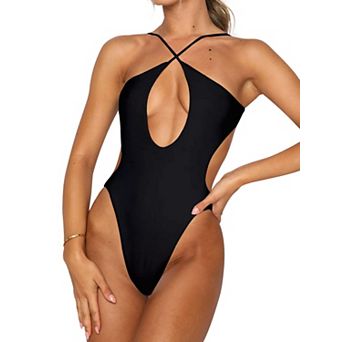 Womens Criss Cross Halter Neck Backless Cut Out Tummy Control Thong Swimsuit