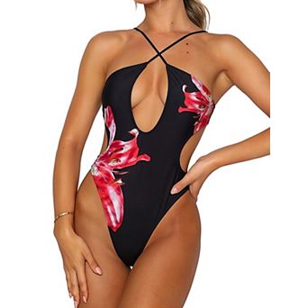 Womens Criss Cross Halter Neck Backless Cut Out Tummy Control Thong Swimsuit