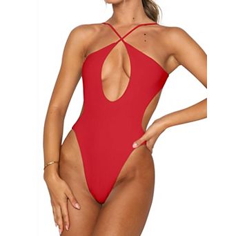 Womens Criss Cross Halter Neck Backless Cut Out Tummy Control Thong Swimsuit