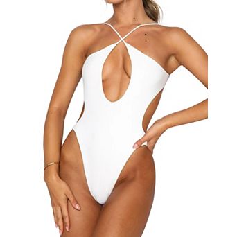 Womens Criss Cross Halter Neck Backless Cut Out Tummy Control Thong Swimsuit