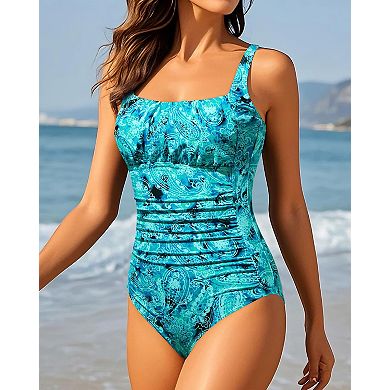 Womens Tummy Control Vintage One Piece Swimsuit Shirred Slimming Bathing Suit