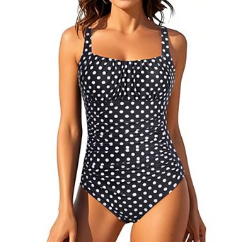 Womens Tummy Control Vintage One Piece Swimsuit Shirred Slimming Bathing Suit