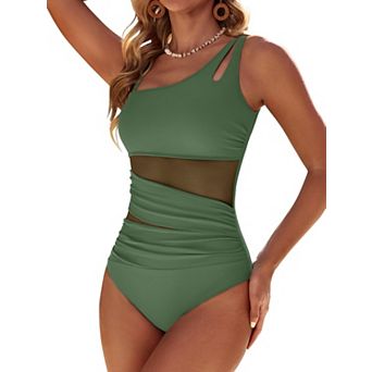 Womens Mesh Ruched Tummy Control Modest Full Coverage Swimsuit