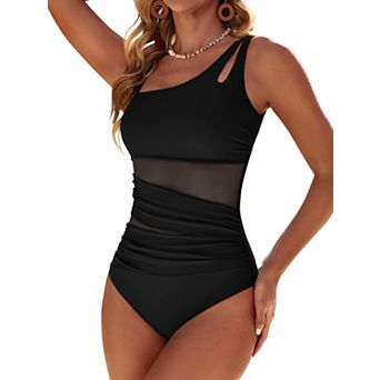 Womens Mesh Ruched Tummy Control Modest Full Coverage Swimsuit