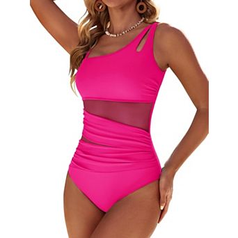 Womens Mesh Ruched Tummy Control Modest Full Coverage Swimsuit