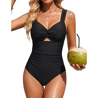 Womens Tummy Control Full Coverage One Piece Swimsuit Twist Knot Wide Straps Modest Swimwear
