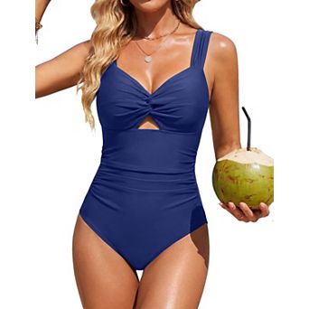 Womens Tummy Control Full Coverage One Piece Swimsuit Twist Knot Wide Straps Modest Swimwear