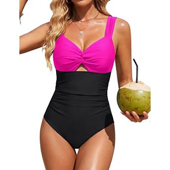 Womens Tummy Control Full Coverage One Piece Swimsuit Twist Knot Wide Straps Modest Swimwear