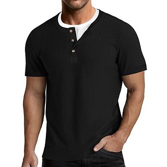 Men's Waffle Knit Short Sleeve Henley Shirt Casual 3-Button Crew Neck T-Shirt with Pocket