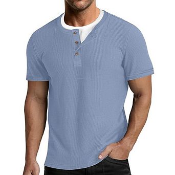 Men's Waffle Knit Short Sleeve Henley Shirt Casual 3-Button Crew Neck T-Shirt with Pocket