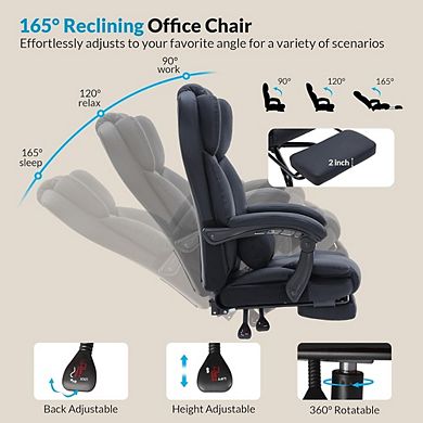Reclining Office Chair with Foot Rest PU Leather Executive Computer Chair Lumbar Support