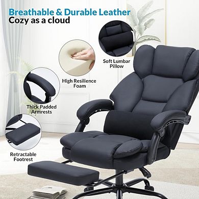 Reclining Office Chair with Foot Rest PU Leather Executive Computer Chair Lumbar Support