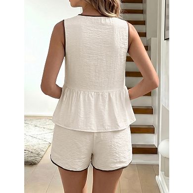 Women Contrast Piping Front Tie Sleeveless Peplum Top Shorts 2 Piece Set