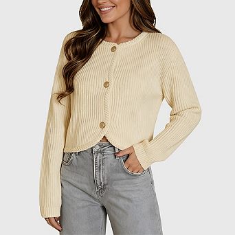 Women's Cropped Cardigan Open Front Sweater Casual Long Sleeve Button Coats Outerwear