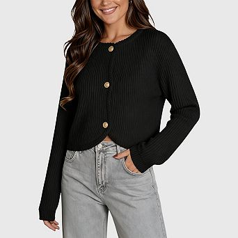 Women's Cropped Cardigan Open Front Sweater Casual Long Sleeve Button Coats Outerwear