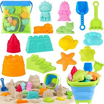 16 pc Collapsible Beach Toys Foldable Sand Bucket Shovels Mesh Bag Castle Kit