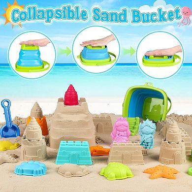 16-piece Collapsible Beach Toys Foldable Sand Bucket Shovels Mesh Bag Castle Kit