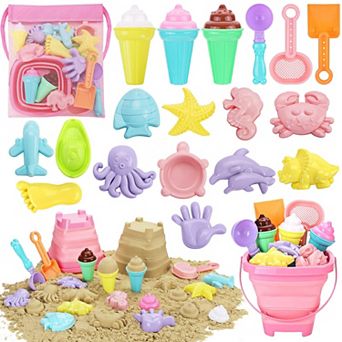 24 pc Beach Toys Ice Cream Sand Bucket Shovels Kids Travel Bag