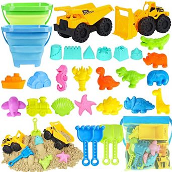 31 pc Beach Sand Construction Vehicle Bucket Castle Molds Mesh Bag Outdoor Toys Kids