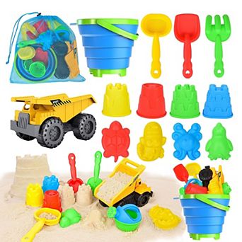 14 pc Beach Sand Toys Construction Vehicle Animal Mold Bucket Shovel Set Mesh Bag