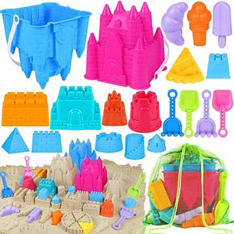 21 pc Beach Sand Castle Toys Bucket Shovel Rake Mold Mesh Bag