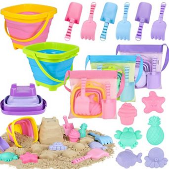 18 pc Collapsible Beach Toys Foldable Sand Buckets Shovels Set