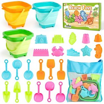 28 pc Beach Toys Collapsible Sand Buckets Molds Shovels Mesh Bag