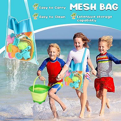 28-piece Beach Toys Collapsible Sand Buckets Molds Shovels Mesh Bag